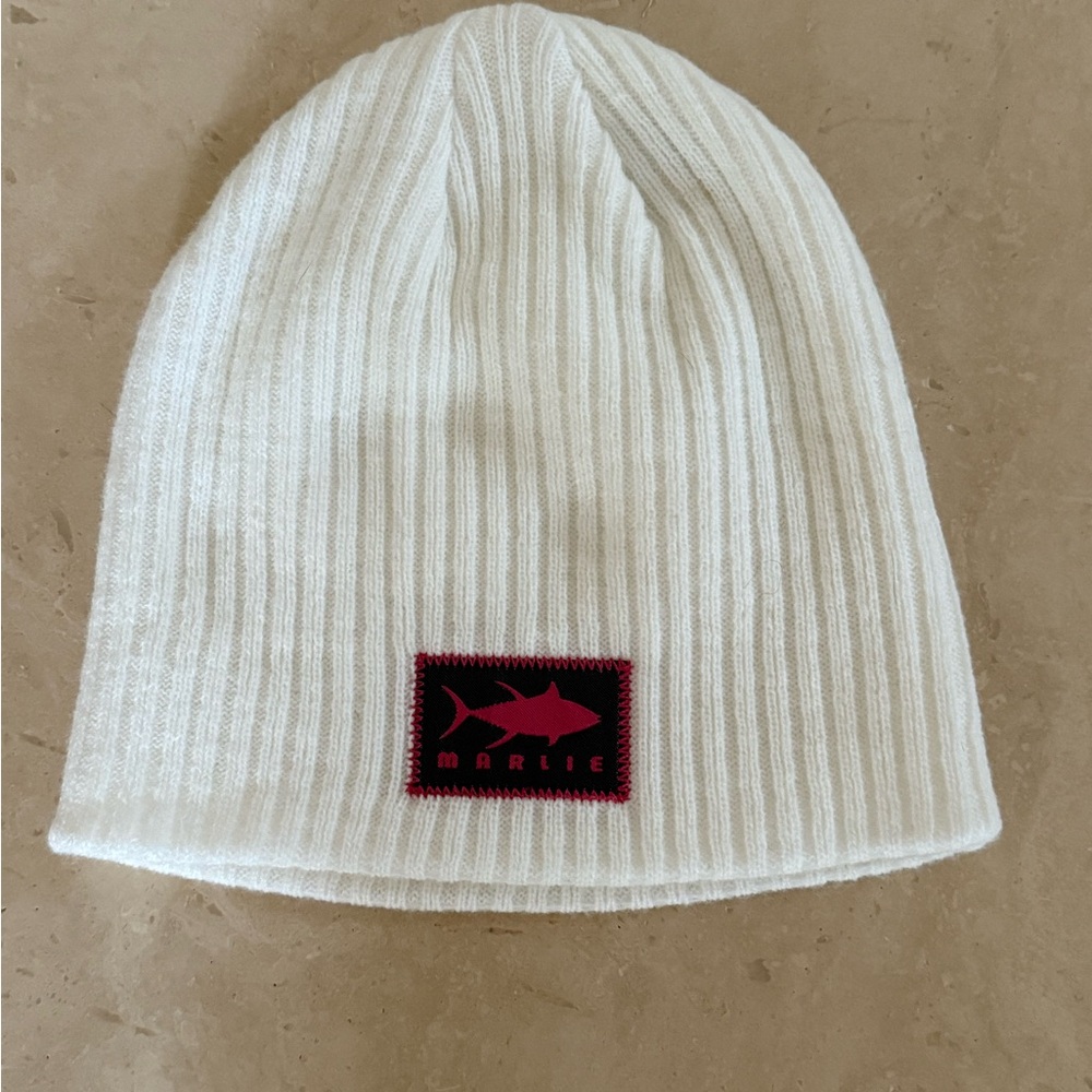 White Marlie White Beanie with Shark Logo
